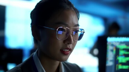 Focused Asian woman with glasses working on programming code in a high tech cybersecurity control room