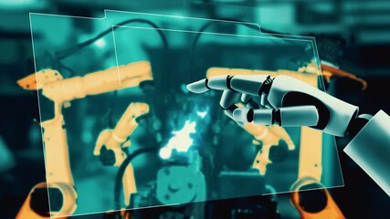 Poster - Cybernated industry robot and robotic arms for assembly in factory production . Concept of artificial intelligence for industrial revolution and automation manufacturing process .