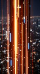 Aufkleber - Abstract image of vertical orange and blue glowing lines against a blurred city backdrop, suggesting technological advancement or futuristic cityscape
