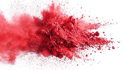 Poster - Dramatic red powder explosion, vibrant and dynamic, creating a cloud against a white backdrop, artistic presentation