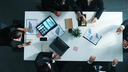Poster - Top down aerial view of smart businessman use vr headset to enter virtual world at meeting while diverse business people send financial information and data analysis graph in database. Directorate.