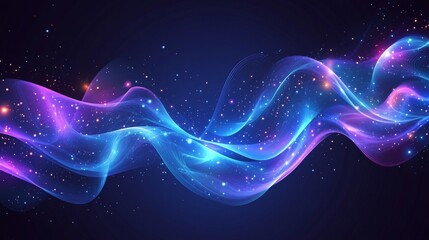 Poster - Sparkling wave of digital particles flows with an ethereal glow in abstract deep space background design concept.