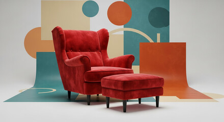 Poster - Red velvet armchair with ottoman against geometric backdrop, showcasing comfort and modern design, ideal for interior design or furniture marketing