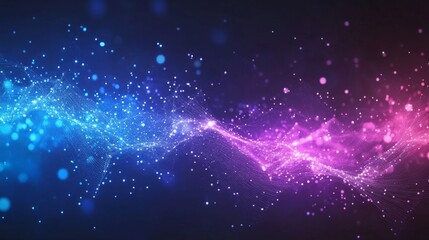 Poster - Abstract digital wave background features glowing particles in blue, purple, and pink hues for a modern, futuristic feel.