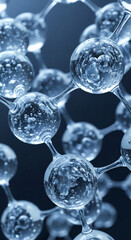 Poster - Close-up of a transparent molecular structure, showcasing interconnected spheres with internal bubbles, representing scientific research, innovation, or technology