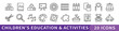 © JASHIM - Children’s Education and Activity Line Icon Set, Set of 20 thin line icons representing early childhood education tools, creative activities, school supplies, and playful learning elements for kids.