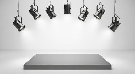 Poster - Square metal platform illuminated by hanging spotlights, showcasing a blank space ideal for product display or advertisement, suggesting a clean and modern aesthetic