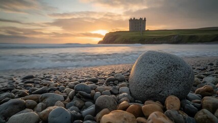 Wall Mural - A solitary rock sits atop a sandy beach beside the vast ocean