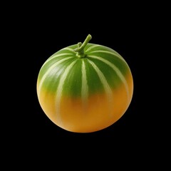 Poster - Vibrant Green and Yellow Artisanal Fruit-Shaped Decorative Object on a Black Background for Artistic Display and Home Decor