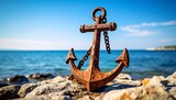 Rusty anchor on rocks by the sea