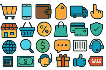 Fototapete - E-commerce symbols collection and online shopping thin line icons set for shopping, featuring editable stroke icons in vector format
