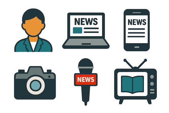 Icons related to mass media: a set of thin vector icons in black and white