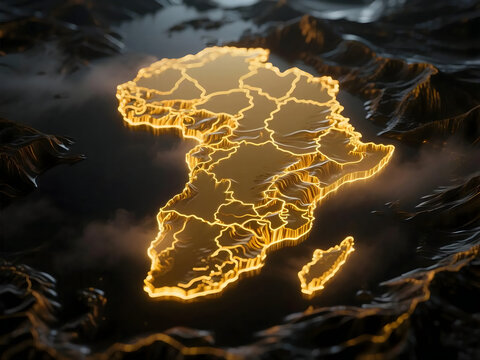 Glowing Golden Outline Africa Continent Geographic Region with Dark Landscape
