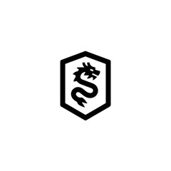 Poster - Stylized dragon emblem coils protectively within bordered hexagon monochrome design graphic