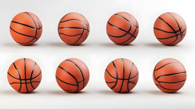 Eight realistic 3d rendered basketballs on white background