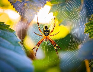 A highly detailed micro photo shot capturing a spider in the process of spinning its delicate web between leaves, with visible silk threads and intricate leg movement.