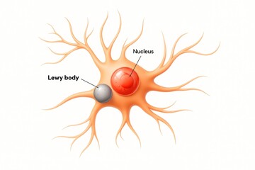 Poster - Scientific illustration depicting neuron with nucleus and lewy body, highlighting cellular details related to neurological research and structural understanding