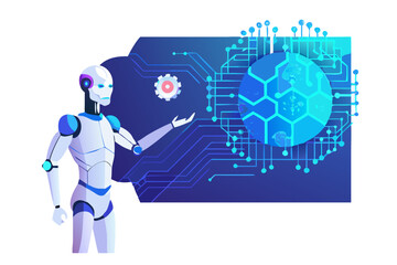 Poster - Futuristic robot interacting with a glowing digital network and a hexagonal sphere isolated on white background