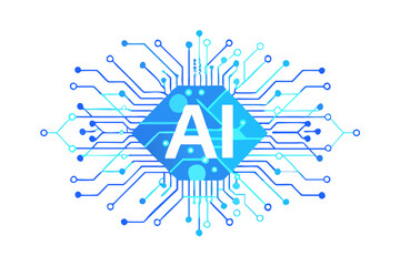 Poster - Abstract ai chip with glowing blue circuits and connections isolated on white background