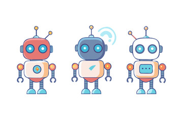 Poster - Three cute cartoon robots with different colors and features isolated on white background