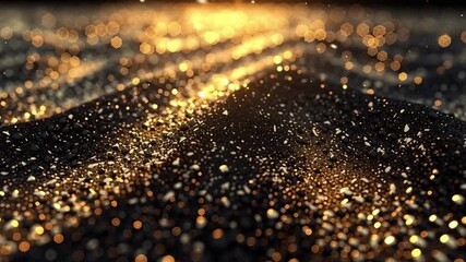 Poster - Mesmerizing abstract background of shimmering gold particles on dark surface, where light and texture create enchanting atmosphere filled with glitter and elegance.