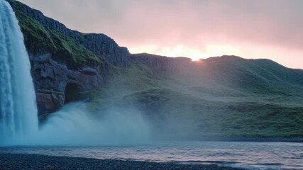 Wall Mural - A serene waterfall surrounded by lush greenery, with a vibrant rainbow arcing across the sky