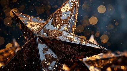 Poster - Shimmering golden stars with festive sparkle and intricate textures create magical holiday celebration, enhancing shiny background for perfect decorative atmosphere.