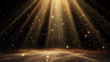 Poster - Golden light beams illuminate dark space, creating magical atmosphere filled with sparkling particles that evoke sense of wonder and enchantment in viewer.