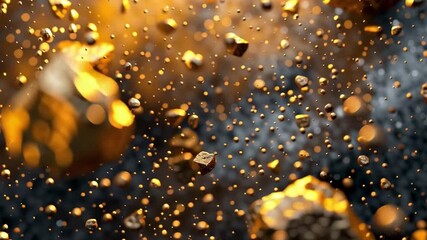 Poster - Stunning Exploration of Floating Gold Rocks and Shiny Particles, Creating Depth and Movement with Abstract Texture and Mesmerizing Sense of Wonder.
