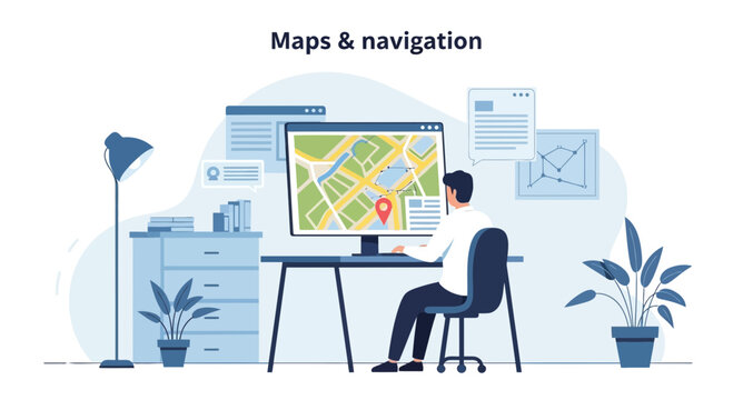 Man Analyzing City Map On Computer Display In Home Office Interior
