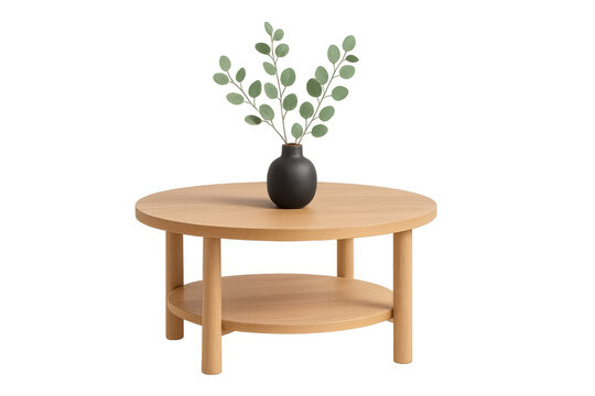 Minimalist round wooden coffee table featuring sleek black vase, fresh eucalyptus, rendered in 3d with transparent background for modern interior styling