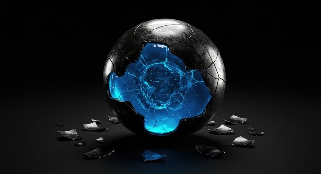 Captivating shattered sphere with radiant blue core emanating futuristic essence
