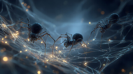 Wall Mural - Close-up of dark arachnids on an intricately woven web, glowing threads creating contrast, eerie lighting adding to a haunting nature documentary vibe. woven thread. Illustration