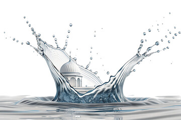 Poster - Water splash with a building inside on a black background creating a dynamic and captivating image created with generated ai