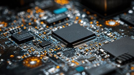 Poster - Close-up view of soldered circuits and microprocessors on a PCB representing electronics manufacturing process