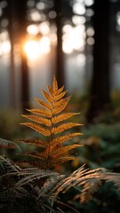 Poster - Golden fern leaf gleaming through misty forest at sunset, soft sunlight casting ethereal warmth across shadowy woodland landscape