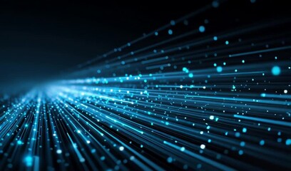 Poster - Abstract background with blue glowing lines and light streaks on dark background, symbolizing speed of data transfer in information technology or digital communication network concepts Generative AI