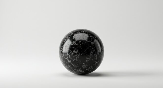 Polished dark marble sphere resting on a clean white surface with subtle lighting
