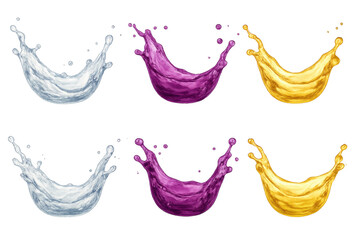 Poster - Transparent liquid splashes in vivid hues, capturing dynamic water, juice, and oil droplets for creative graphic design projects