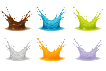 Poster - Colorful liquid droplets merging, creating crown-like splash pattern with dynamic movement, highlighting vibrant colors on clear background