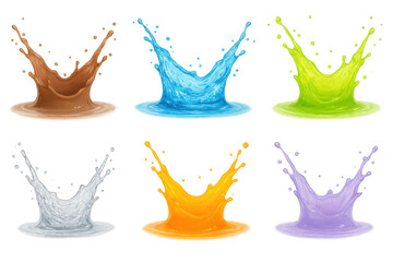 Poster - Vibrant liquid splashes bursting dynamically, showcasing colorful droplet movements against transparent backdrop for graphic design enhancement