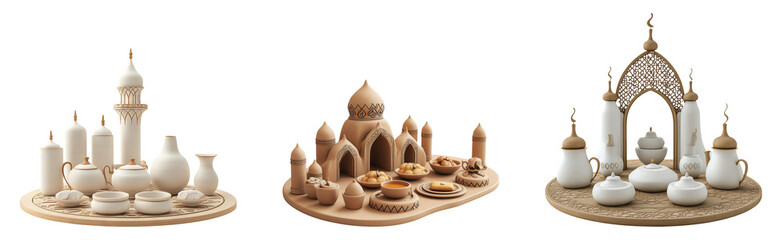 Collection of ornate pottery and architecture displayed on a transparent background