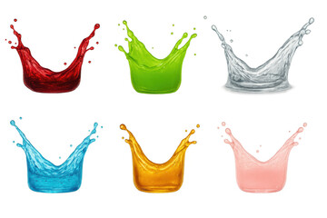 Poster - Six vibrant splashes of liquid forming a crown shape, isolated on a transparent background, showcasing dynamic colors and energy