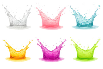 Poster - Six colorful splashes forming crown shapes on a transparent background, perfect for adding a vibrant touch to designs