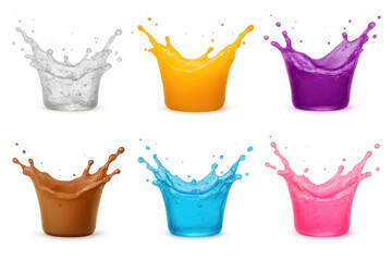 Poster - Vibrant liquid droplets forming dynamic crown-like splash, splashing with colorful energy against transparent backdrop, showcasing fluid motion