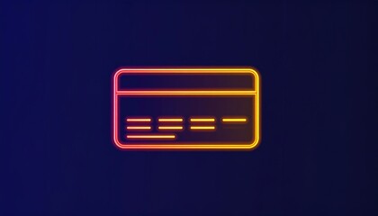 Poster - Glowing neon credit card icon with vibrant orange and yellow light on a dark blue textured background. Concept for digital payment, fintech, and online shopping.