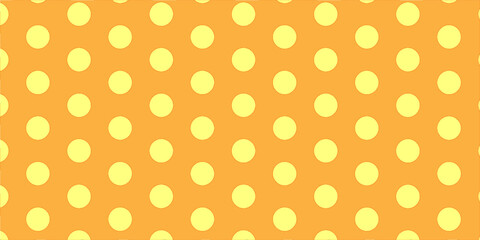 Poster - Seamless polka dot pattern with soft yellow circles on an orange background. Playful and cheerful retro design suitable for fabric, packaging