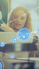 Poster - Animation of connected icons over diverse coworkers discussing reports on laptop in office