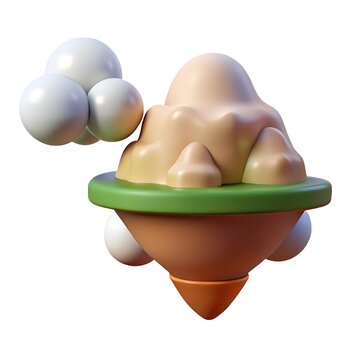Whimsical 3d illustration of a floating island with a stylized mountain and fluffy clouds against a white background