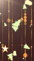 Poster - Christmas trees and bells icons falling against light trails and copy space on grey background